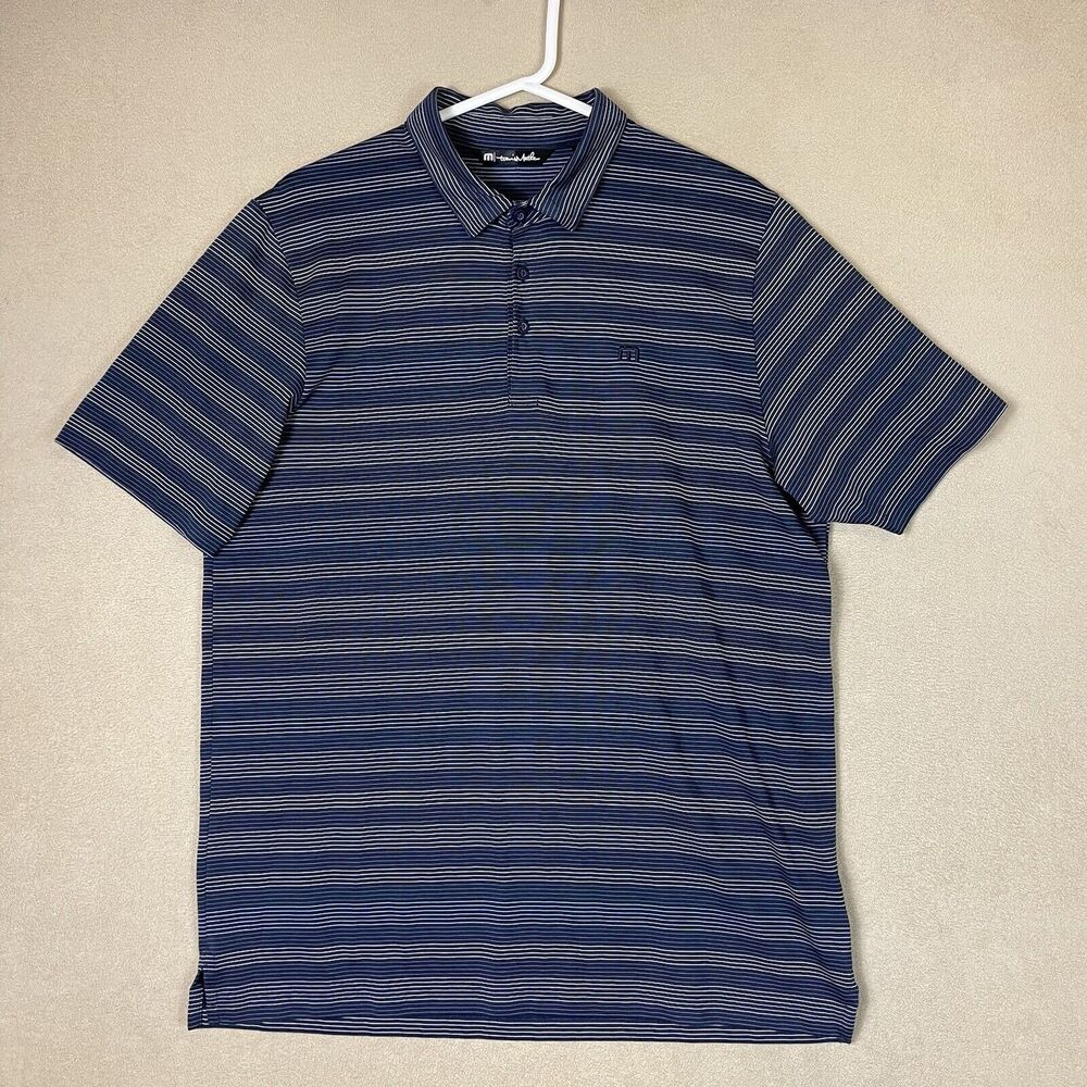 Travis Mathew Polo Shirt Mens Large Blueโ Striped Golfing Casual Preppy Adult